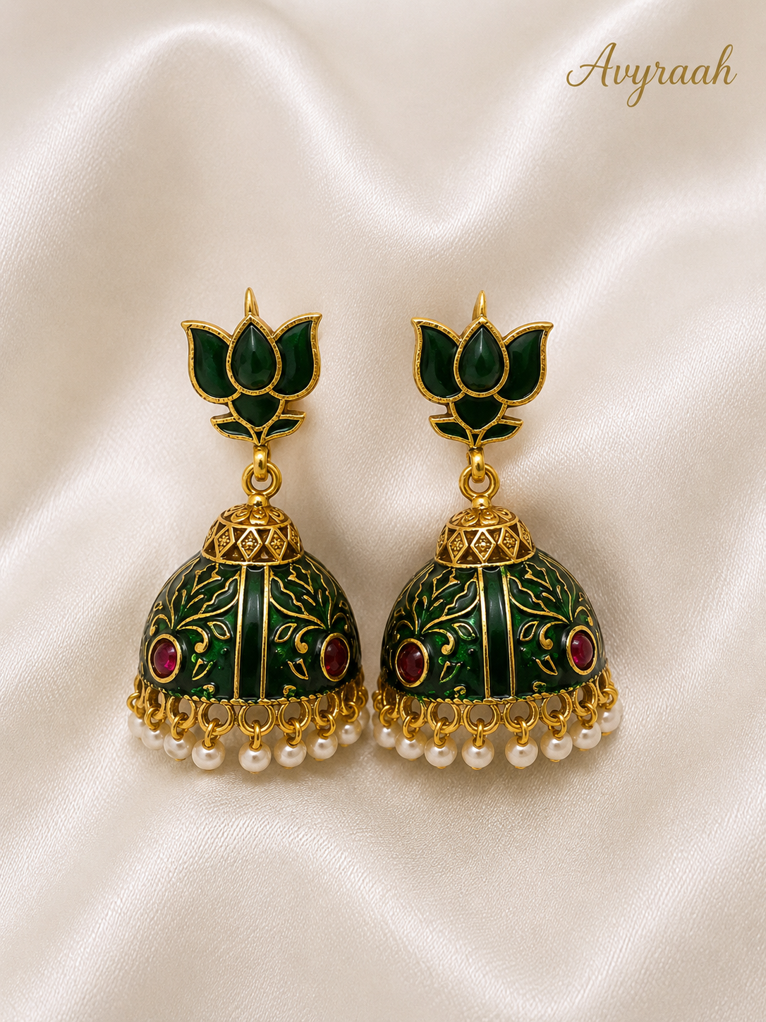 Green Enamel Lotus Jhumka