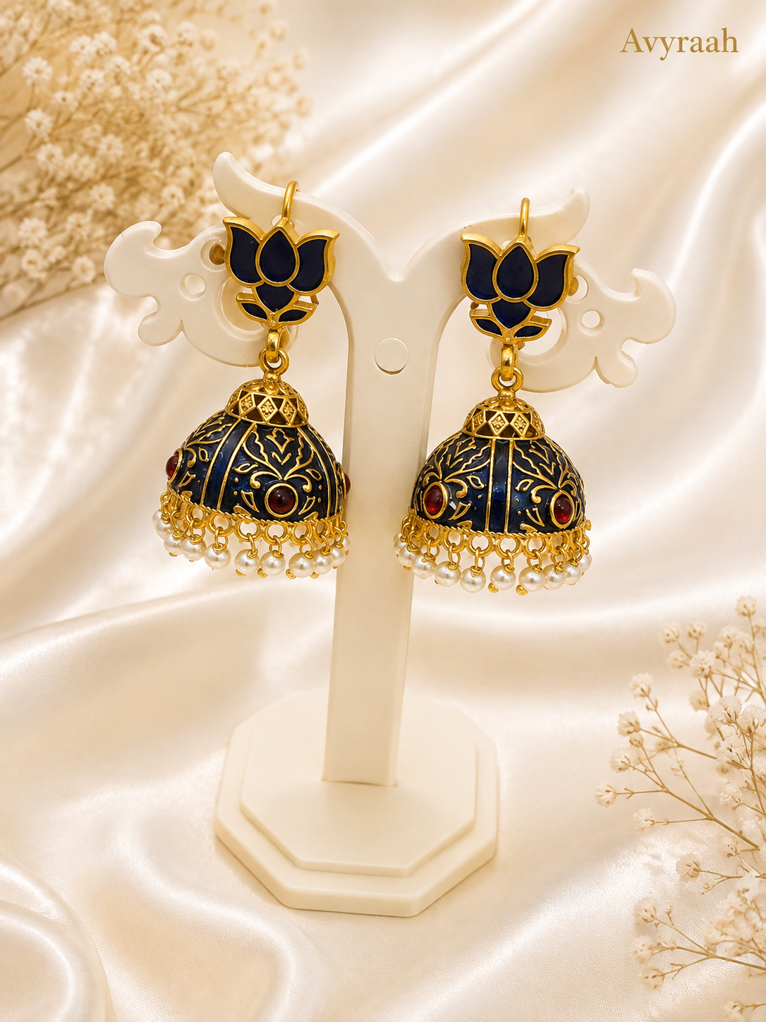 Blue Enamel Lotus Jhumka